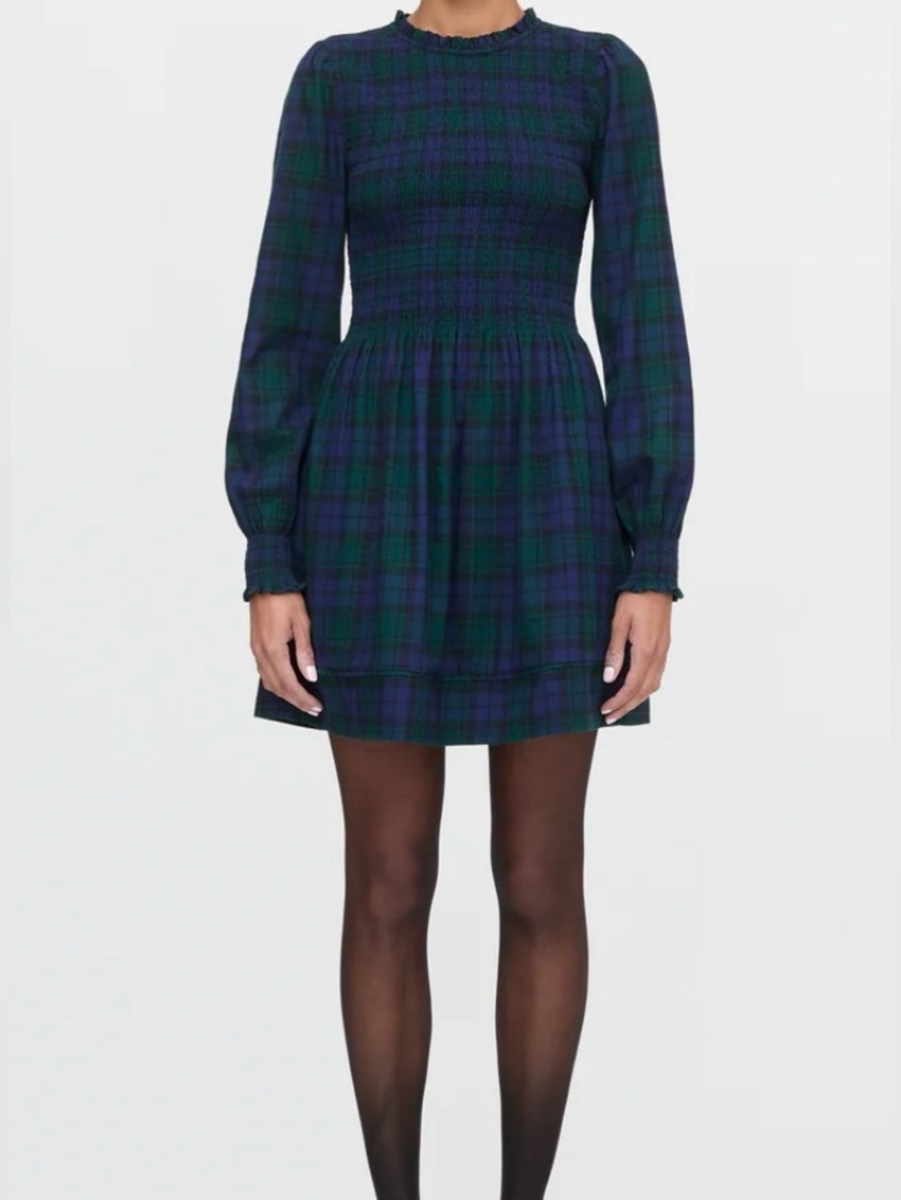Hill House Plaid Smocked Mini Dress in Navy and Green